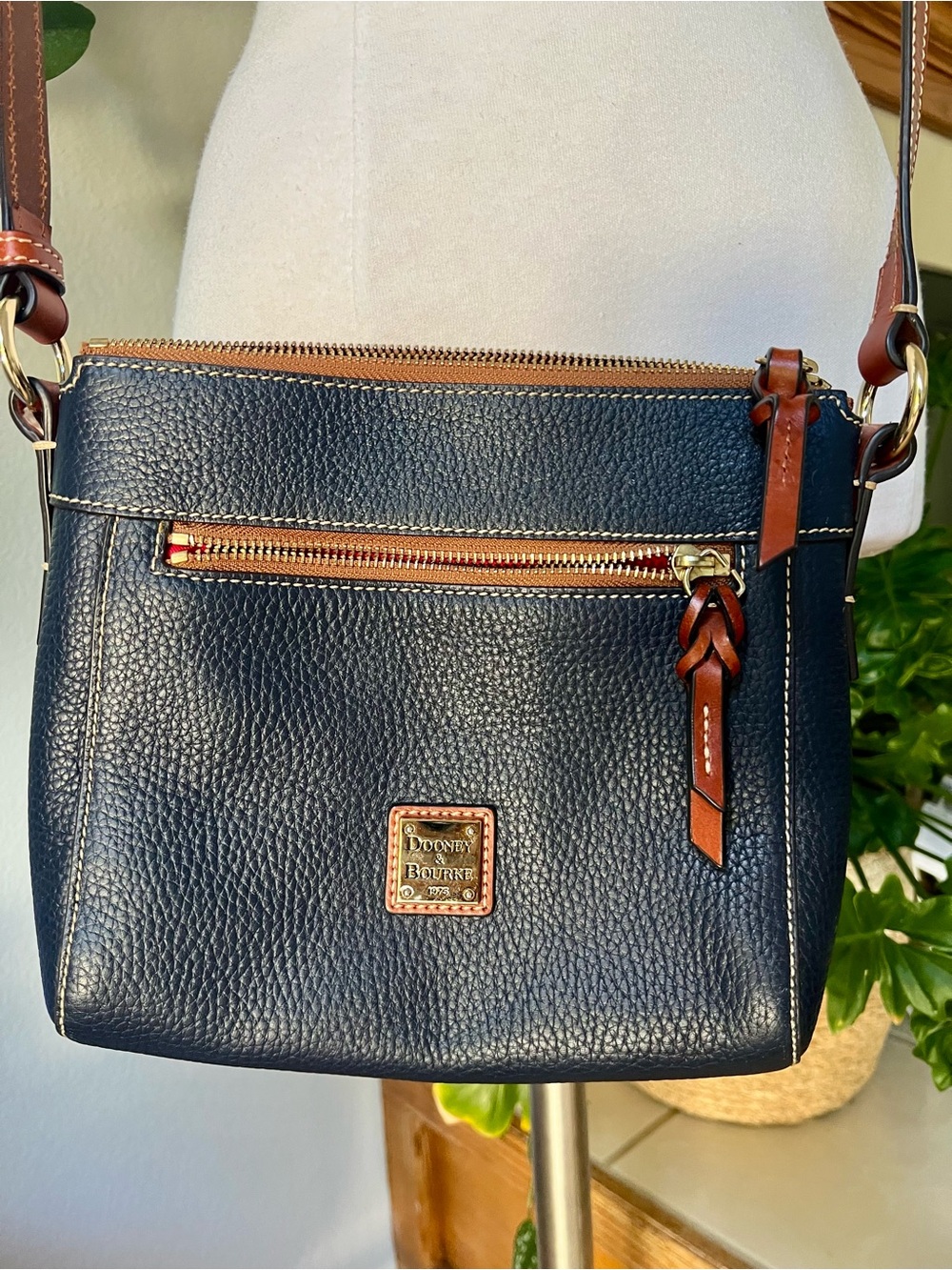 Dooney & Bourke Navy Pebbled Leather Crossbody with Brown Trim